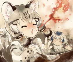 Rule 34 | 3girls, animal ear fluff, animal ears, blonde hair, blush, breath weapon, breathing fire, brown hair, cat ears, closed eyes, commentary, curry, curry rice, eurasian eagle owl (kemono friends), extra ears, fire, food, geoffroy&#039;s cat (kemono friends), hair ribbon, hakoneko (marisa19899200), highres, holding, holding spoon, kemono friends, long hair, long sleeves, looking at another, multicolored hair, multiple girls, northern white-faced owl (kemono friends), open mouth, ribbon, rice, sketch, solo focus, spicy, spoon, tears, two-tone hair, white ribbon
