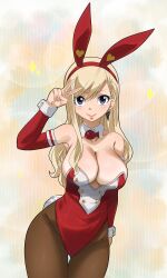Rule 34 | 1girl, animal ears, armpits, blonde hair, blue eyes, breasts, colored skin, detached collar, detached sleeves, earrings, eden&#039;s zero, female focus, gaston18, hair between eyes, highleg, highleg leotard, highres, jewelry, large breasts, leotard, pantyhose, playboy bunny, rabbit ears, rabbit tail, rebecca bluegarden, red leotard, smile, tail, thick thighs, thigh gap, thighs, v, white skin, wide hips
