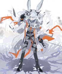 Rule 34 | 1girl, animal ear fluff, animal ears, arknights, black gloves, black thighhighs, coat, crater, ear ornament, frostnova (arknights), full body, gloves, grey eyes, grey hair, grey shirt, hair ornament, hairclip, jaggy lines, long hair, one eye covered, open clothes, open coat, rabbit ears, rabbit girl, scar, scar on face, scar on nose, shirt, solo, standing, thighhighs, thurim6, white coat