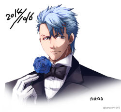 Rule 34 | 1boy, blue flower, blue hair, blue rose, bow, bowtie, dated, flower, formal, gloves, hand on own chest, hokuto no ken, looking to the side, male focus, rose, ryuga (hokuto no ken), shaded face, short hair, smile, solo, suit, tamaru (tama hosi), traditional bowtie, upper body, white gloves