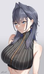Rule 34 | 1girl, absurdres, averting eyes, bare shoulders, black hair, black shirt, blue eyes, blush, breasts, breasts apart, crop top, cropped shirt, earrings, embarrassed, fanged bangs, grey background, hair intakes, high collar, highres, hololive, hololive english, jewelry, large breasts, long hair, official alternate hair length, official alternate hairstyle, ouro kronii, ouro kronii (1st costume), pinstripe pattern, pinstripe shirt, self borrowed hairstyle, shirt, signature, simple background, solo, striped clothes, striped shirt, toned, upper body, vertical-striped clothes, vertical-striped shirt, virtual youtuber, zenya, zipper