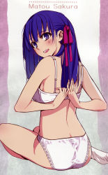 Rule 34 | 1girl, absurdres, arms behind back, ass, back, bare shoulders, blue hair, blush, bra, breasts, character name, embarrassed, fate/stay night, fate (series), feet, female focus, from behind, hair ornament, hands up, head tilt, highres, light blush, long hair, looking at viewer, looking back, matou sakura, medium breasts, morii shizuki, no shoes, nose blush, open mouth, panties, purple eyes, simple background, sitting, smile, socks, solo, teeth, type-moon, underwear, underwear only, upper teeth only, white bra, white footwear, white panties