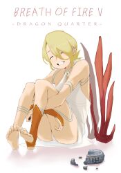 Rule 34 | 1girl, barefoot, blonde hair, bracelet, breath of fire, breath of fire v, dress, facial mark, feet, full-body tattoo, full body, hair over one eye, hi-3, highres, jewelry, knees up, legs, nina (breath of fire v), no shoes, panties, red wings, see-through, short hair, simple background, smile, soles, solo, stirrup legwear, tattoo, toeless legwear, toes, underwear, white background, white dress, white panties, wings