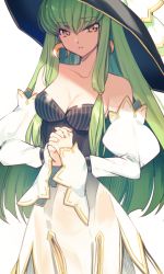 Rule 34 | 1girl, bare shoulders, breasts, c.c., cleavage, code geass, creayus, dress, gloves, green hair, hat, interlocked fingers, long hair, looking at viewer, medium breasts, open mouth, simple background, smile, solo, standing, twitter username, white background, yellow eyes