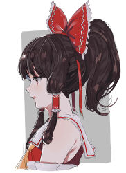 Rule 34 | 1girl, bare shoulders, black hair, bow, brown eyes, detached sleeves, from side, hair bow, hair tubes, hakurei reimu, long hair, neckerchief, nesume, ponytail, sailor collar, solo, touhou
