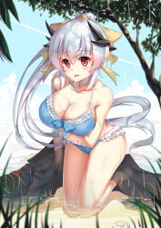 Rule 34 | 1girl, absurdres, bad id, bad pixiv id, blush, breasts, cleavage, collarbone, fate (series), highres, jayce (shinmai), kiyohime (fate), kiyohime (fate/grand order), kiyohime (swimsuit lancer) (fate), kiyohime (swimsuit lancer) (third ascension) (fate), kneeling, large breasts, long hair, looking at viewer, parted lips, ponytail, red eyes, silver hair, solo, swimsuit, wet