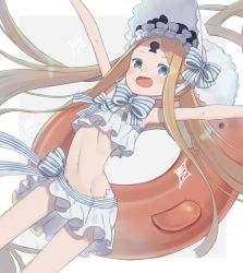 Rule 34 | 1girl, :d, abigail williams (fate), abigail williams (swimsuit foreigner) (fate), abigail williams (swimsuit foreigner) (third ascension) (fate), bare arms, bare shoulders, bikini, black bow, blue eyes, blush, bonnet, bow, brown hair, commentary request, fate/grand order, fate (series), grey background, hair bow, highres, innertube, keyhole, long hair, looking at viewer, navel, open mouth, outstretched arms, parted bangs, smile, solo, sparkle, striped, striped bow, swim ring, swimsuit, totatokeke, two-tone background, very long hair, white background, white bikini, white bow, white headwear