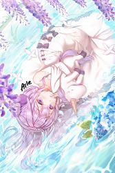 Rule 34 | 1girl, aile (crossroads), azur lane, bare shoulders, black bow, black ribbon, blue flower, blush, bow, commentary request, detached sleeves, dress, flower, from above, full body, hair bun, hair ribbon, hydrangea, long hair, long sleeves, lying, hugging object, on side, one side up, pantyhose, parted lips, purple eyes, purple flower, purple hair, ribbon, shallow water, side bun, single hair bun, single side bun, solo, stuffed animal, stuffed pegasus, stuffed toy, stuffed unicorn, stuffed winged unicorn, unicorn (azur lane), water, white dress, white flower, white pantyhose