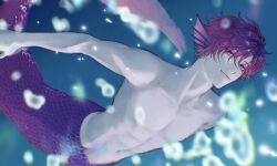 Rule 34 | 1boy, absurdres, air bubble, blurry, blurry foreground, bubble, closed mouth, collarbone, commentary, english commentary, eyelashes, fins, gradient hair, gyoza (gyozadaisuki 23), hair between eyes, head fins, heterochromia, highres, looking at viewer, male focus, merman, monster boy, monsterification, multicolored hair, navel, nijisanji, nijisanji en, parted bangs, pink eyes, pink hair, purple eyes, purple hair, purple scales, scales, short hair, sidelocks, smile, solo, stomach, topless male, uki violeta, underwater, virtual youtuber, water