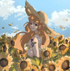 Rule 34 | 1girl, bare shoulders, bikini, blue sky, breasts, cleavage, commentary, eiriseth, field, flower, flower field, freckles, hair between eyes, hat, highres, large breasts, long hair, looking at viewer, looking back, nami (one piece), one piece, outdoors, red eyes, shoulder tattoo, sky, smile, solo, straw hat, sunflower, sunflower field, swimsuit, tattoo, upper body