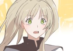 Rule 34 | 1girl, abstract background, blonde hair, brown capelet, capelet, crying, crying with eyes open, floating hair, green eyes, high collar, highres, kakeami, kekkai sensen, long hair, looking at viewer, open mouth, portrait, solo, surprised, tears, twintails, two-tone background, white (kekkai sensen), white background, wide-eyed, yellow background