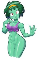 Rule 34 | 1girl, absurdres, bottomless, breasts, cleavage, cleft of venus, colored skin, green hair, green skin, highres, hip focus, juicyradish, navel, pussy, red eyes, rottytops, shantae (series), short hair, solo, tank top, uncensored, undead, v, wide hips, zombie girl