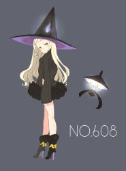 Rule 34 | 10s, 1girl, ankle boots, bad id, bad pixiv id, bare legs, blonde hair, blush, boots, creatures (company), dress, full body, game freak, gen 5 pokemon, hat, high heel boots, high heels, highres, kagura (c h r o e), lampent, long hair, long sleeves, looking at viewer, looking back, nintendo, personification, pokedex number, pokemon, pokemon (creature), pokemon bw, ribbed sweater, shoes, simple background, sweater, sweater dress, witch hat, yellow eyes