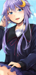 Rule 34 | 1girl, absurdres, black sailor collar, black skirt, blue eyes, blush, commission, crescent, crescent hair ornament, frilled skirt, frills, hagioshi, hair ornament, hand in own hair, highres, kantai collection, long sleeves, looking at viewer, parted lips, purple hair, sailor collar, school uniform, serafuku, short hair with long locks, simple background, sitting, skeb commission, skirt, solo, yayoi (kancolle)