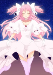 Rule 34 | 10s, 1girl, boots, bow, closed eyes, dress, gloves, glowing, hair bow, highres, kaname madoka, kiyo3270, long hair, mahou shoujo madoka magica, mahou shoujo madoka magica (anime), pink footwear, pink hair, smile, solo, space, spoilers, star (sky), thigh boots, thighhighs, twintails, two side up, ultimate madoka, white dress, white gloves