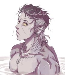 Rule 34 | 1boy, bad id, bad tumblr id, black hair, colored sclera, dollar sign, earrings, facial mark, fins, gills, grey hair, head fins, jewelry, jojo no kimyou na bouken, male focus, merman, monochrome, monster boy, multicolored hair, muscular, necklace, nijimura okuyasu, partially submerged, pompadour, simple background, solo, two-tone hair, upper body, wallfloristry, wet, yellow sclera, yen sign