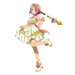 Rule 34 | 10s, 1girl, brown eyes, dress, flower, gloves, hair flower, hair ornament, highres, holding, lisbeth (sao), long legs, looking at viewer, official art, pink hair, short hair, simple background, smile, solo, staff, strapless, strapless dress, sword art online, sword art online: code register, white background, white gloves