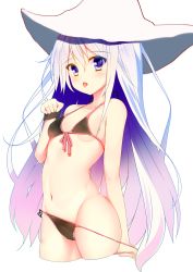 Rule 34 | 1girl, absurdres, black bra, black panties, blue eyes, blush, bra, breasts, character request, collarbone, copyright request, hat, highres, huaimeng, long hair, looking at viewer, navel, panties, panty pull, parted lips, silver hair, small breasts, solo, tongue, tongue out, transparent background, underwear, very long hair, white hat, witch hat