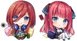 Rule 34 | !, 2girls, :&lt;, :t, bag, big head, black cardigan, black footwear, black ribbon, blue cardigan, blue eyes, blush, breasts, brown hair, brown legwear, cardigan, cellphone, chibi, closed mouth, collared shirt, commentary, dress shirt, go-toubun no hanayome, green skirt, hair between eyes, hair ribbon, hitsukuya, long hair, long sleeves, looking at viewer, medium breasts, multiple girls, nakano miku, nakano nino, open cardigan, open clothes, pantyhose, phone, pillow, pleated skirt, pout, red hair, ribbon, school bag, school uniform, shirt, siblings, simple background, sisters, sitting, skirt, smartphone, spoken squiggle, squiggle, symbol-only commentary, thighhighs, two side up, v-shaped eyebrows, very long hair, white background, white legwear, white shirt