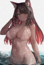Rule 34 | 1girl, animal ears, bikini, black hair, blue archive, blunt bangs, breasts, cleavage, commentary, fox ears, fox girl, fox tail, groin, hair ornament, highres, in water, large breasts, long hair, looking at viewer, multicolored hair, navel, ocean, official alternate costume, parted bangs, parted lips, sidelocks, simple background, sleeveless, solo, spaghetti strap, stomach, swimsuit, tail, two-tone hair, wakamo (blue archive), wakamo (swimsuit) (blue archive), wet, wet clothes, wet swimsuit, white bikini, yellow eyes, yonchan