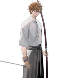 Rule 34 | 1boy, alternate costume, arrow (projectile), black hakama, blue eyes, bow (weapon), brown gloves, closed mouth, genshin impact, gloves, hair between eyes, hakama, holding, holding arrow, holding bow (weapon), holding weapon, japanese clothes, looking at viewer, male focus, orange hair, partially fingerless gloves, partly fingerless gloves, simple background, single glove, solo, tartaglia (genshin impact), umenoume, weapon, white background, yugake, yumi (bow)