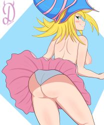 Rule 34 | 1girl, absurdres, artist name, ass, bare back, bare shoulders, blonde hair, blue background, blue hat, blush, blush stickers, body blush, breasts, dark magician girl, dealore, female focus, green eyes, hat, highres, huge ass, konami, large breasts, lips, magician, magician&#039;s hat, medium hair, nipples, panties, pink hat, pink lips, pink skirt, shadow, shiny clothes, shiny skin, sideboob, skirt, smile, solo, spiked hair, teeth, thick thighs, thighs, topless, underwear, white background, white panties, yu-gi-oh!, yu-gi-oh! duel monsters