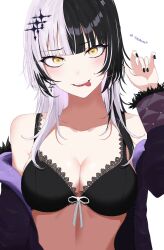 Rule 34 | 1girl, absurdres, black bra, black hair, black nails, bra, breasts, cleavage, collarbone, fur-trimmed jacket, fur trim, grey hair, hair ornament, highres, hololive, hololive english, jacket, large breasts, long hair, looking at viewer, medium hair, multicolored hair, off shoulder, open mouth, shiori novella, shiori novella (1st costume), smile, solo, split-color hair, tongue, tongue out, totokara7, underwear, upper body, virtual youtuber, white background, yellow eyes