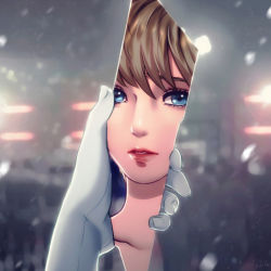 Rule 34 | 1girl, android, blue eyes, brown hair, detroit: become human, esther shen, glass, holding, kara (detroit), lips, looking at viewer, parted lips, portrait, pov, red lips, reflection, shards, short hair, snow, snowing, solo
