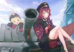 Rule 34 | 2girls, :d, absurdres, aiming, aiming at viewer, armband, ass, barefoot, black coat, blonde hair, blue archive, blue eyes, blue sky, blurry, building, chou (1092086648), cloud, cloudy sky, coat, commentary request, crossed legs, depth of field, eyes visible through hair, hair between eyes, halo, hat, highres, ibuki (blue archive), iroha (blue archive), long hair, long sleeves, looking at viewer, military, military vehicle, motor vehicle, multiple girls, necktie, open mouth, peaked cap, pencil skirt, red hair, side ponytail, sidelocks, sitting, skirt, sky, skyscraper, sleeves past wrists, smile, tank, yellow eyes