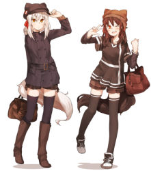 Rule 34 | 2girls, amonitto, animal hat, bag, belt, black legwear, blonde hair, boots, brown dress, brown eyes, brown footwear, brown hair, cat tail, dress, hat, hat with ears, knee boots, layered sleeves, long hair, long sleeves, looking at viewer, multiple girls, one eye closed, open mouth, original, short over long sleeves, short sleeves, shorts under dress, silver hair, smile, standing, standing on one leg, tail, thighhighs, zettai ryouiki