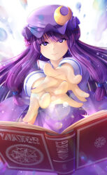 Rule 34 | 1girl, absurdres, book, floating, floating book, floating object, foreshortening, hat, highres, long hair, long sleeves, looking at viewer, mob cap, open book, patchouli knowledge, purple eyes, purple hair, purple hat, purple nails, seiya (iiseven), smile, solo, spell card, touhou
