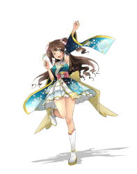 Rule 34 | 1girl, arm up, armpits, bare shoulders, blush, boots, bow, breasts, brown eyes, brown hair, clenched hands, detached sleeves, dot nose, floral print, flower, full body, furisode, hair flower, hair ornament, hand up, highres, idolmaster, idolmaster cinderella girls, idolmaster cinderella girls starlight stage, japanese clothes, kimono, kimono skirt, leg up, long hair, looking at viewer, medium breasts, one eye closed, one side up, open mouth, pink bow, pink flower, print sleeves, shadow, shimamura uzuki, simple background, sleeveless, sleeveless kimono, smile, solo, standing, standing on one leg, teeth, upper teeth only, white background, white footwear, wide sleeves, yellow bow, yeongming