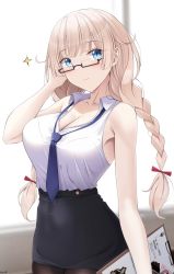 Rule 34 | 1girl, 2b14 (girls&#039; frontline), bare shoulders, black-framed eyewear, black skirt, blue eyes, blue necktie, blurry, blurry background, blush, braid, breasts, brown pantyhose, cleavage, clipboard, closed mouth, collarbone, collared shirt, commentary, cowboy shot, depth of field, girls&#039; frontline, glasses, hand up, highres, keenh, light brown hair, long hair, medium breasts, necktie, office lady, pantyhose, semi-rimless eyewear, shirt, skirt, sleeveless, sleeveless shirt, smile, solo, twin braids, under-rim eyewear, very long hair, white shirt, window
