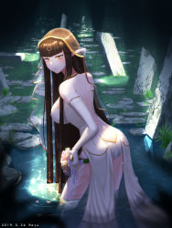 Rule 34 | 1girl, absurdres, alternate costume, ass, bare shoulders, black hair, bouquet, breasts, bridal veil, dated, dress, elbow gloves, fate/grand order, fate (series), flower, gloves, highres, jewelry, large breasts, long hair, looking at viewer, looking back, necklace, ornate ring, partially submerged, petals, pointy ears, rayu (snowwhite ki), ring, ruins, semiramis (fate), sidelocks, solo, sunlight, veil, very long hair, wading, water, wedding dress, wedding ring, white dress, yellow eyes