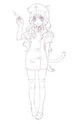 Rule 34 | 1girl, animal ears, bell, cat ears, cat tail, collar, greyscale, mary janes, monochrome, nurse, nyaou, shoes, solo, syringe, tail, thighhighs