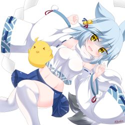 Rule 34 | &gt; &lt;, 1girl, :d, animal ears, azur lane, bare shoulders, bell, blue hair, blue skirt, breasts, closed eyes, commentary request, crop top, detached sleeves, feet out of frame, fubuki (azur lane), groin, hair bell, hair between eyes, hair ornament, hands up, highres, jingle bell, kanijiru, knees together feet apart, long sleeves, looking at viewer, manjuu (azur lane), medium breasts, midriff, navel, open mouth, pleated skirt, ribbon-trimmed sleeves, ribbon trim, shide, skirt, smile, solo, thighhighs, twitter username, white sleeves, white thighhighs, wide sleeves, yellow eyes