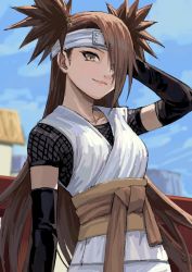 Rule 34 | 1girl, akimichi chouchou, arm up, black gloves, blush, boruto: naruto next generations, boruto: naruto the movie, brown hair, building, closed mouth, collarbone, commentary request, day, elbow gloves, fagi (kakikaki), fishnets, gloves, hair bobbles, hair ornament, hair over one eye, headband, long hair, looking at viewer, naruto (series), outdoors, sash, sky, smile, solo, white headband, yellow eyes