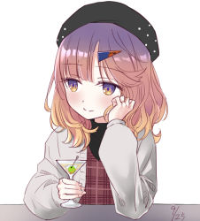 Rule 34 | 1girl, alternate costume, black footwear, blonde hair, blush, cocktail glass, cup, dated, drinking glass, elbow rest, gradient hair, hair ornament, hairclip, hat, head rest, holding, holding cup, jacket, kantai collection, kurage1, long sleeves, multicolored hair, pink hair, purple eyes, purple hair, simple background, smile, solo, tsushima (kancolle), upper body, white background