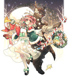 Rule 34 | 1boy, 1girl, ahoge, animal ears, antlers, arknights, bear boy, bear ears, black footwear, blue bow, blush, bow, brown coat, brown gloves, brown headwear, candy, carrying over shoulder, cat ears, cat girl, cat tail, christmas, christmas wreath, coat, commentary, cosplay, detached sleeves, flats, floppy ears, floral print, flower, food, fur-trimmed sleeves, fur trim, gloves, goldenglow (arknights), goldenglow (maiden for the bright night) (arknights), green bow, green sleeves, grey hair, hair bow, hair ornament, hairband, hairclip, highres, holding, holding candy, holding food, holding instrument, holding staff, horn (instrument), horns, infection monitor (arknights), instrument, layered sleeves, long sleeves, looking at viewer, mask, morini ochiteru, mouth mask, pink hair, poinsettia, pom pom (clothes), print hairband, red (npc) (arknights), red eyes, red hairband, reindeer antlers, rudolph the red nosed reindeer, rudolph the red nosed reindeer (cosplay), sack, shoes, skirt, smile, snowflakes, socks, staff, standing, tail, tail bow, tail ornament, white flower, white skirt, white socks, wreath, x hair ornament, yellow eyes