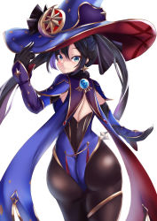 Rule 34 | 1girl, artist request, ass, black hair, cape, detached sleeves, earrings, elbow gloves, from behind, fur trim, genshin impact, gloves, green eyes, hair ornament, hair ribbon, hat, highres, hydro (genshin impact), jewelry, leotard, long hair, looking at viewer, looking back, mona (genshin impact), pantyhose, ribbon, shiny clothes, smile, solo, thighlet, twintails, very long hair, vision (genshin impact)