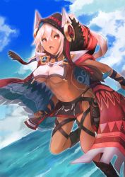 Rule 34 | 1girl, absurdres, azur lane, blue sky, bodypaint, breasts, cape, cloud, cloudy sky, dark skin, dark-skinned female, day, eyebrows hidden by hair, facepaint, fur trim, hair between eyes, headgear, highres, hood, long hair, looking to the side, medium breasts, minneapolis (azur lane), native american, navel, ocean, open mouth, pelvic curtain, ponytail, red cape, red eyes, revealing clothes, sky, solo, thigh strap, thighs, trini, underboob, white hair, wrist straps