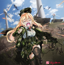 Rule 34 | 1girl, aircraft, arma (series), arma 3, armored vehicle, artist name, assault rifle, blonde hair, bullpup, camouflage, camouflage headwear, camouflage jacket, camouflage skirt, caterpillar tracks, closed eyes, cloud, commentary request, crying, day, f2000 (girls&#039; frontline), fleeing, fn f2000, fn herstal, girls&#039; frontline, grass, gun, handgun, hat, helicopter, highres, jacket, lolipantherwww, long hair, military, military vehicle, modular weapon system, motor vehicle, open mouth, pistol, rifle, running, see-through, shirt, skirt, sky, t-100 varsuk, tank, weapon, wet, wet clothes, wind turbine, windmill