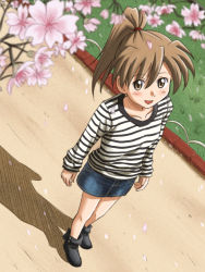 Rule 34 | 1girl, :d, brown eyes, brown hair, cherry blossoms, denim, denim skirt, female focus, from above, full body, lielos, looking at viewer, nature, open mouth, original, outdoors, plant, poniko (lielos), shirt, skirt, smile, solo, striped clothes, striped shirt