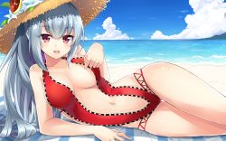Rule 34 | 1girl, bare shoulders, beach, blush, breasts, center opening, cleavage, cloud, commentary request, cowboy shot, day, female focus, hat, highres, kazami chiu, large breasts, long hair, looking at viewer, lying, navel, ocean, on side, one-piece swimsuit, open mouth, outdoors, puzzle &amp; dragons, red eyes, red one-piece swimsuit, silver hair, sky, slingshot swimsuit, smile, solo, straw hat, sun hat, swimsuit, urd (p&amp;d), very long hair, water
