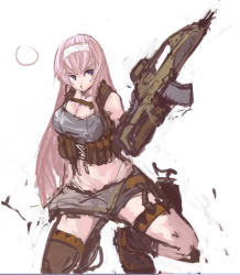 Rule 34 | 1girl, :3, aqua eyes, assault rifle, breasts, cleavage, gloves, gun, h&amp;k xm8, hairband, knee pads, large breasts, left-handed, load bearing vest, long hair, megurine luka, on one knee, panties (pantsu-pirate), pink hair, rifle, short shorts, shorts, solo, thigh strap, very long hair, vocaloid, weapon