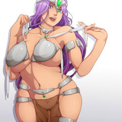 Rule 34 | 1girl, aratama (a-tama), breasts, curvy, dragon quest, dragon quest iv, huge breasts, long hair, looking at viewer, manya (dq4), navel, pelvic curtain, purple eyes, purple hair, smile, solo, wide hips