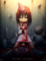 Rule 34 | 1girl, birthday, blood, blue eyes, brown hair, commentary, english text, gift, hat, knife, mike inel, off shoulder, open mouth, party hat, reverse grip, solo focus, stuffed animal, stuffed toy, tears