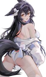 Rule 34 | 1girl, absurdres, animal ears, ass, bare shoulders, black hair, blue hair, breasts, brown eyes, camisole, colored inner hair, commentary, crescent print, english commentary, fox ears, fox girl, fox tail, from behind, highres, jacket, large breasts, long hair, long sleeves, looking at viewer, multicolored hair, open mouth, original, panties, puffy long sleeves, puffy sleeves, revision, simple background, smile, solo, spaghetti strap, tail, underwear, white background, white camisole, white jacket, white panties, yoru (yowuyoru)