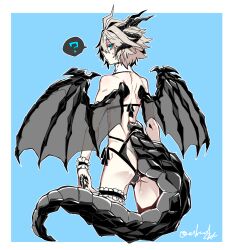 Rule 34 | 1boy, ?, alternate costume, alternate eye color, arm strap, black bow, black horns, black panties, black ribbon, black wings, blue background, blue eyes, bow, bulge, closed mouth, command spell, cropped legs, dragon boy, dragon horns, dragon tail, fate/apocrypha, fate (series), frilled straps, from behind, haoro, horns, large tail, lingerie, male focus, multiple horns, panties, ribbon, short hair, sieg (fate), signature, solo, speech bubble, spoken question mark, sweatdrop, tail, thigh strap, underwear, wings