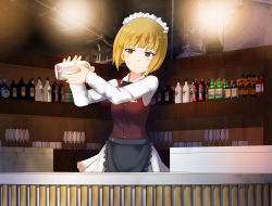 Rule 34 | 1girl, 3d background, alcohol, apron, bar (place), bartender, black apron, black bow, black bowtie, blonde hair, blunt bangs, bob cut, bow, bowtie, brown vest, champagne flute, closed mouth, cocktail shaker, commentary, cup, cutlass (girls und panzer), dress shirt, drinking glass, frilled apron, frills, girls und panzer, half-closed eyes, handkerchief, highres, holding, indoors, long sleeves, looking at viewer, maid headdress, megadeko, miniskirt, pleated skirt, school uniform, shirt, short hair, skirt, smile, solo, standing, vest, waist apron, white shirt, white skirt, wing collar, yellow eyes